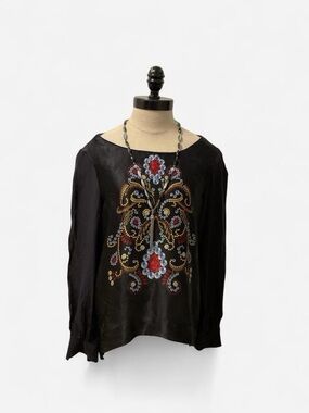 Zara Black Long-Sleeve Blouse with Red, Blue & Gold Embellishment